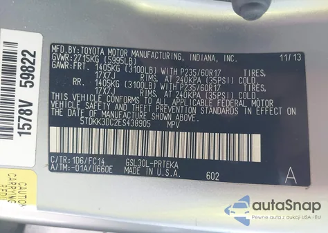 2014 Toyota Sienna Le V6 8 Passenger from USA, damaged, VIN 5TDKK3DC2ES438905
